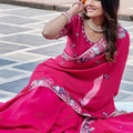 Hot Pink Georgette Saree Elephant Embroidery Border Blouse