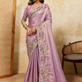 Lavender Silk Saree with Floral Embroidery Border Designer Blouse