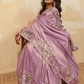 Lavender Silk Saree with Floral Embroidery Border Designer Blouse