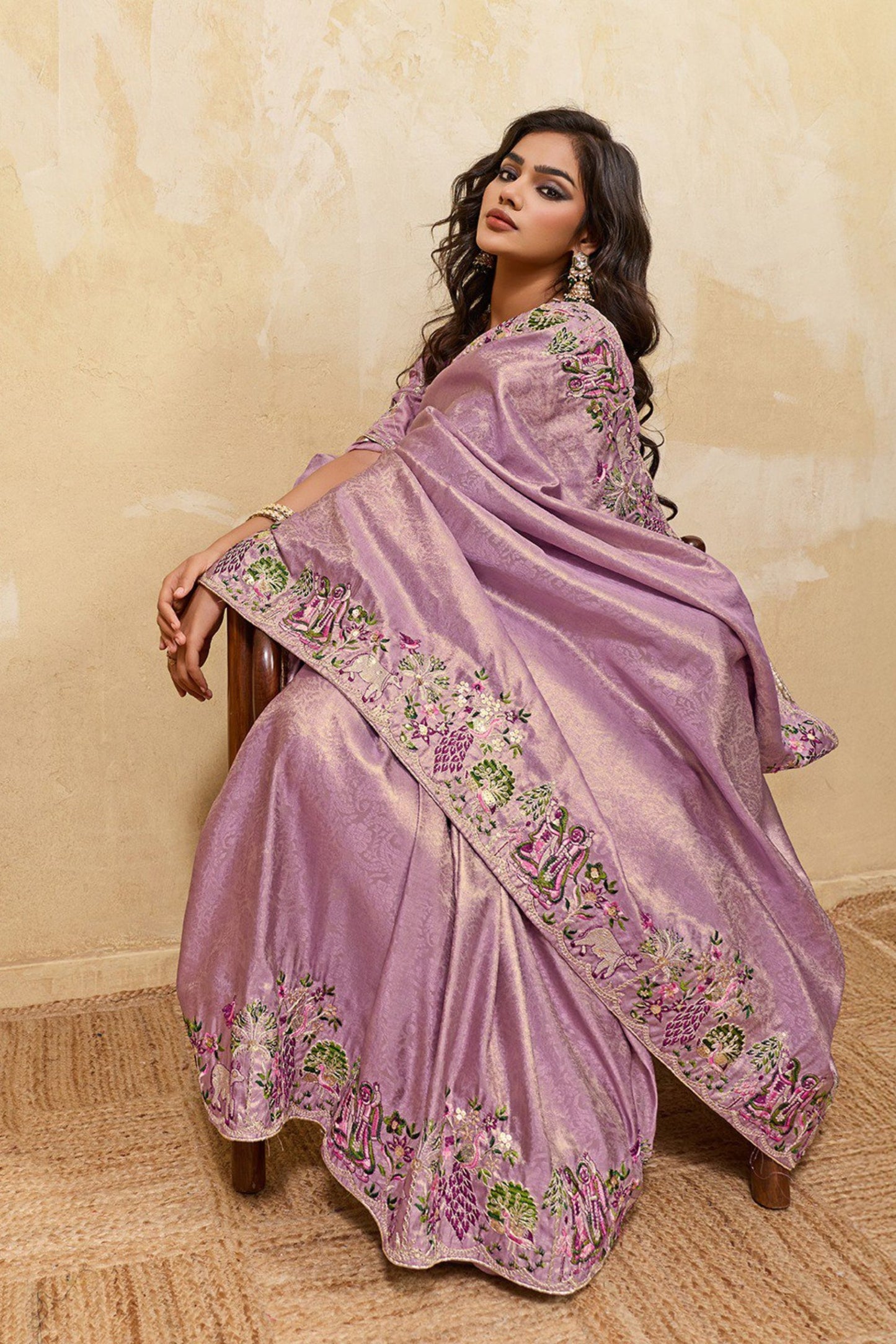 Lavender Silk Saree with Floral Embroidery Border Designer Blouse