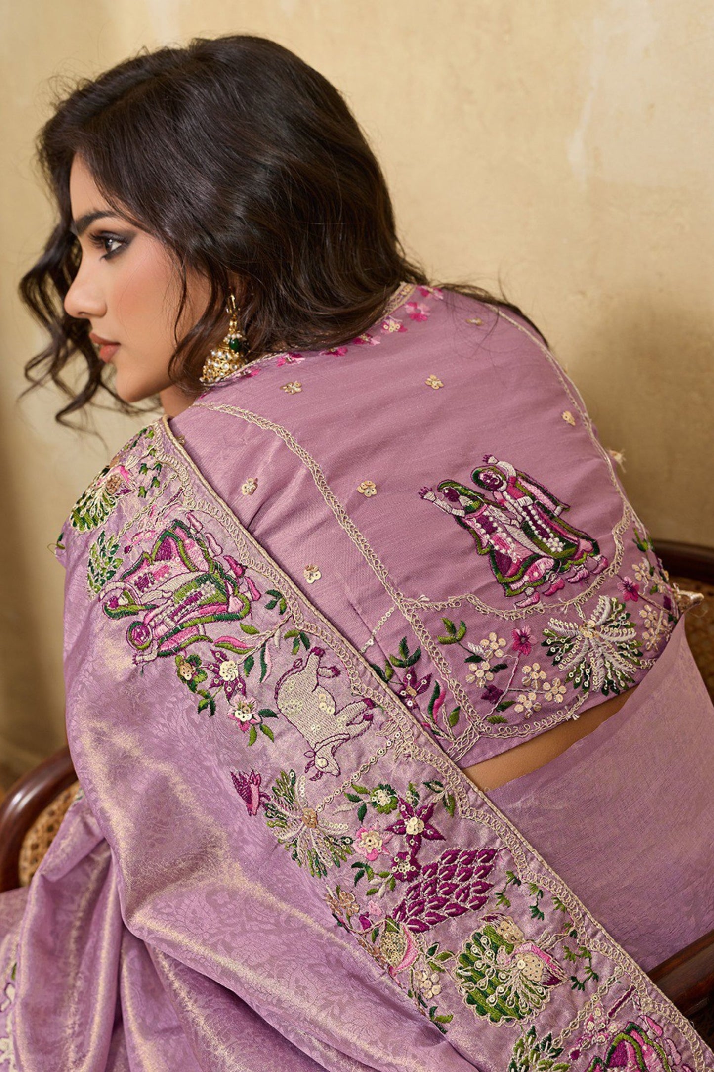 Lavender Silk Saree with Floral Embroidery Border Designer Blouse