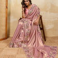 Dusty Pink Silk Saree with Floral Embroidery Border Designer Blouse