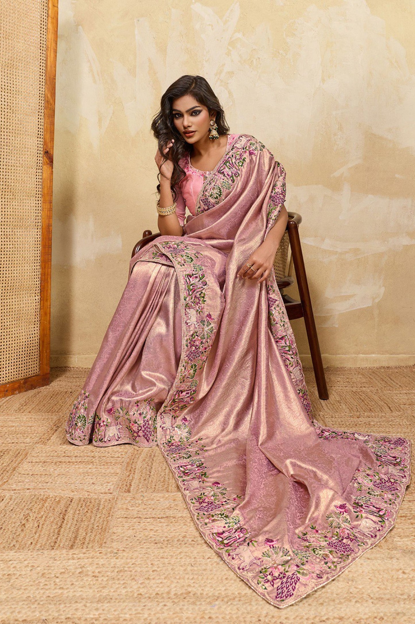 Dusty Pink Silk Saree with Floral Embroidery Border Designer Blouse