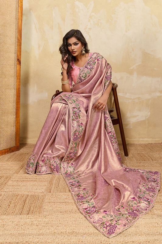 Dusty Pink Silk Saree with Floral Embroidery Border Designer Blouse