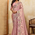 Dusty Pink Silk Saree with Floral Embroidery Border Designer Blouse
