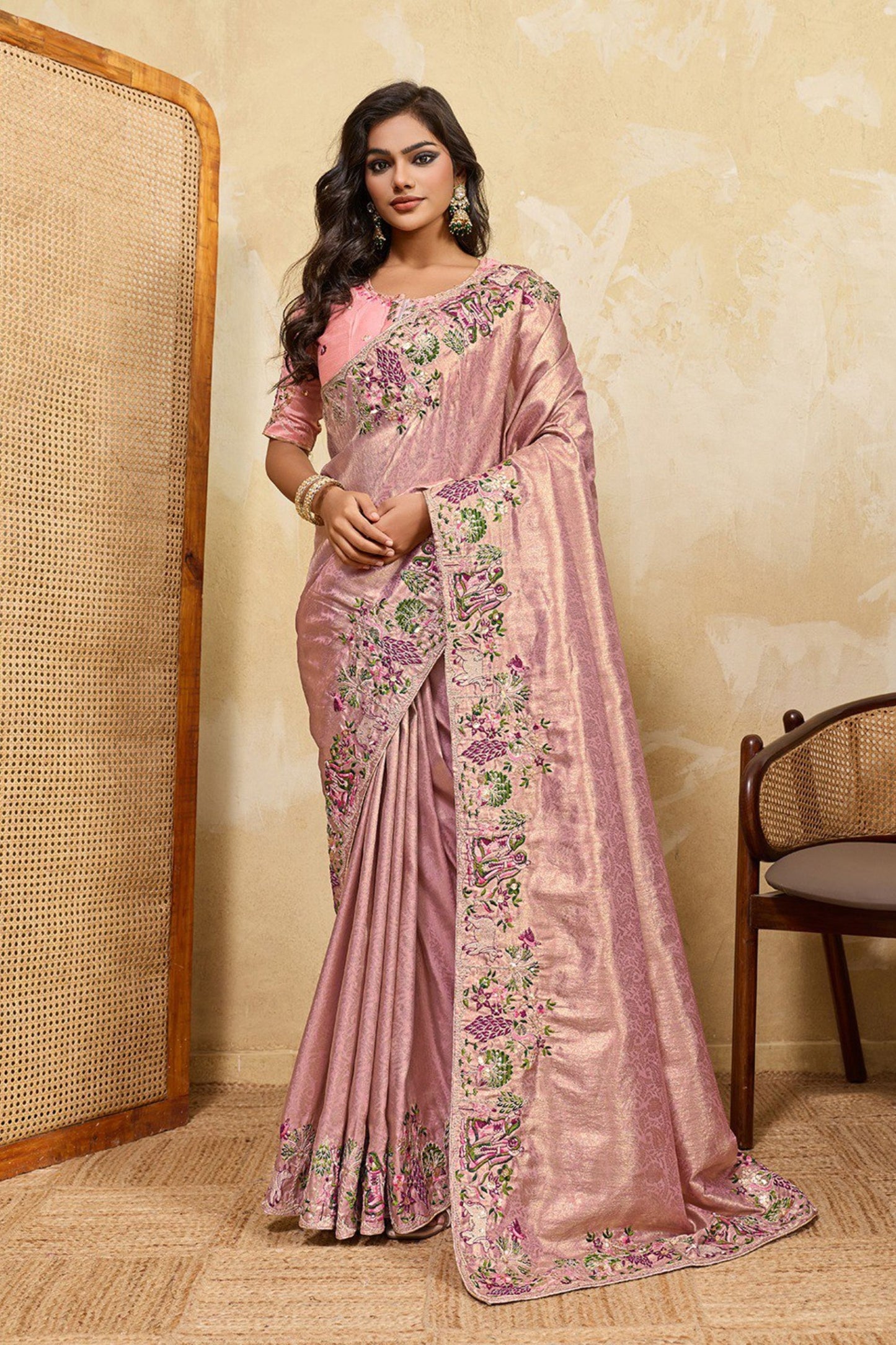 Dusty Pink Silk Saree with Floral Embroidery Border Designer Blouse