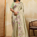 Pista Green Silk Saree with Floral Embroidery Border Designer Blouse