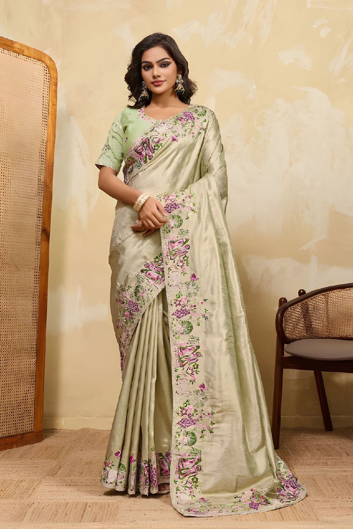 Pista Green Silk Saree with Floral Embroidery Border Designer Blouse