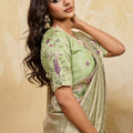 Pista Green Silk Saree with Floral Embroidery Border Designer Blouse