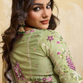 Pista Green Silk Saree with Floral Embroidery Border Designer Blouse