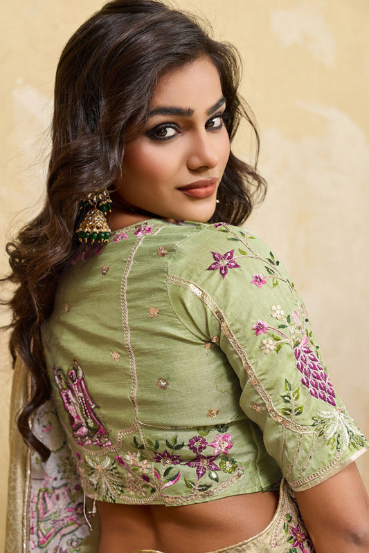 Pista Green Silk Saree with Floral Embroidery Border Designer Blouse