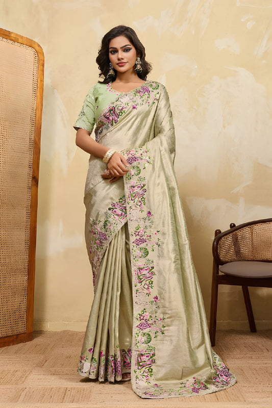 Pista Green Silk Saree with Floral Embroidery Border Designer Blouse