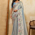 Sky Blue Silk Saree with Floral Embroidery Border Designer Blouse