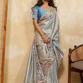 Sky Blue Silk Saree with Floral Embroidery Border Designer Blouse