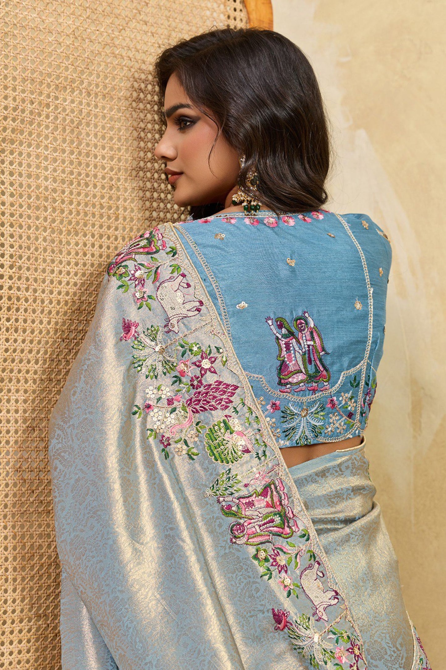 Sky Blue Silk Saree with Floral Embroidery Border Designer Blouse