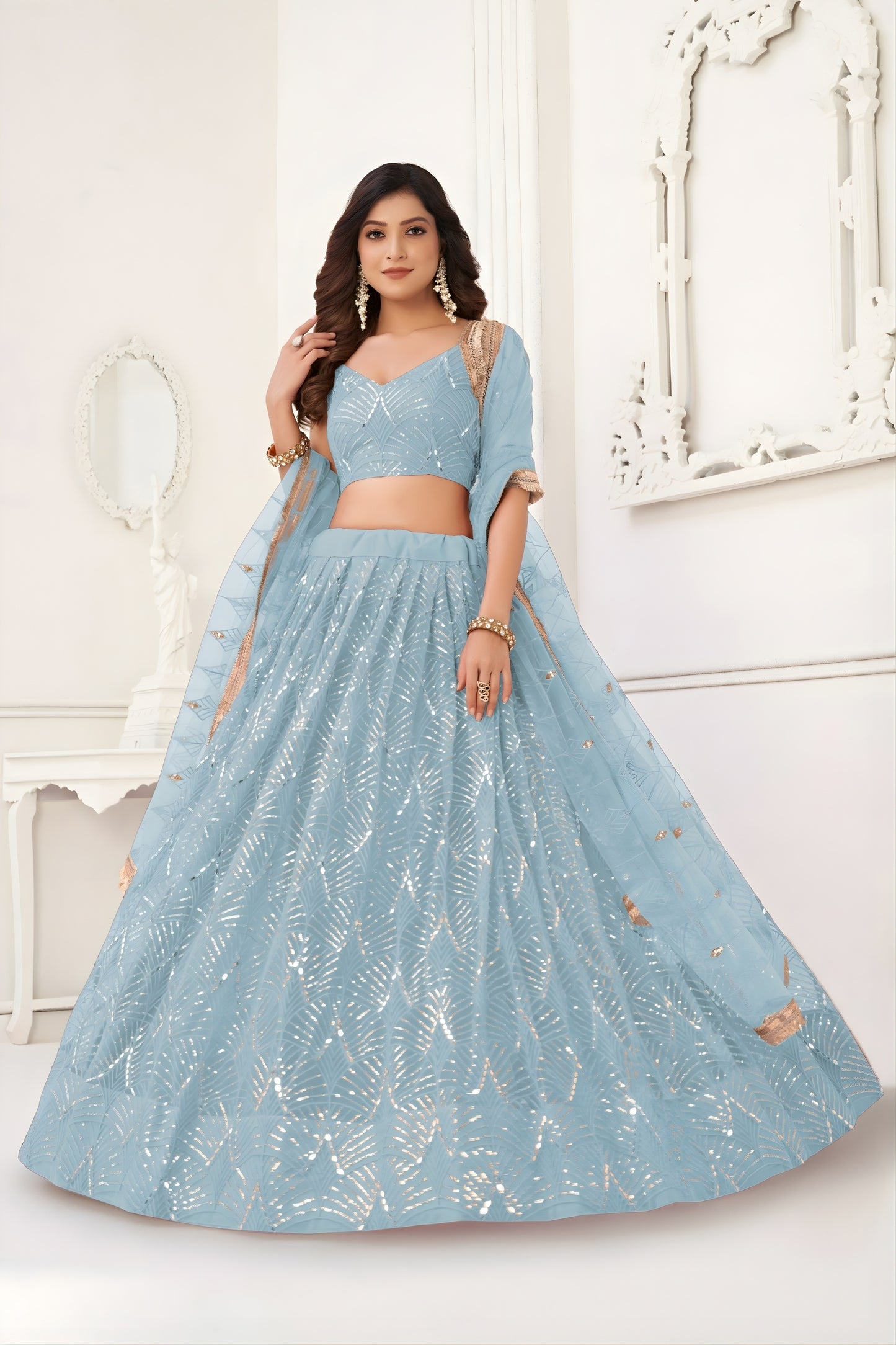 Stylish Sky Blue Butterfly Net Embroidered Lehenga Choli with Dupatta for Wedding