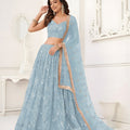 Stylish Sky Blue Butterfly Net Embroidered Lehenga Choli with Dupatta for Wedding