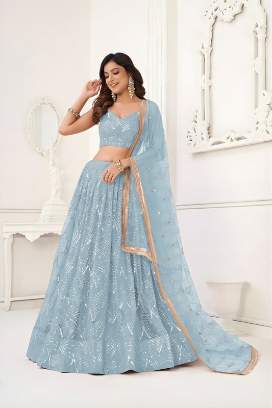 Stylish Sky Blue Butterfly Net Embroidered Lehenga Choli with Dupatta for Wedding