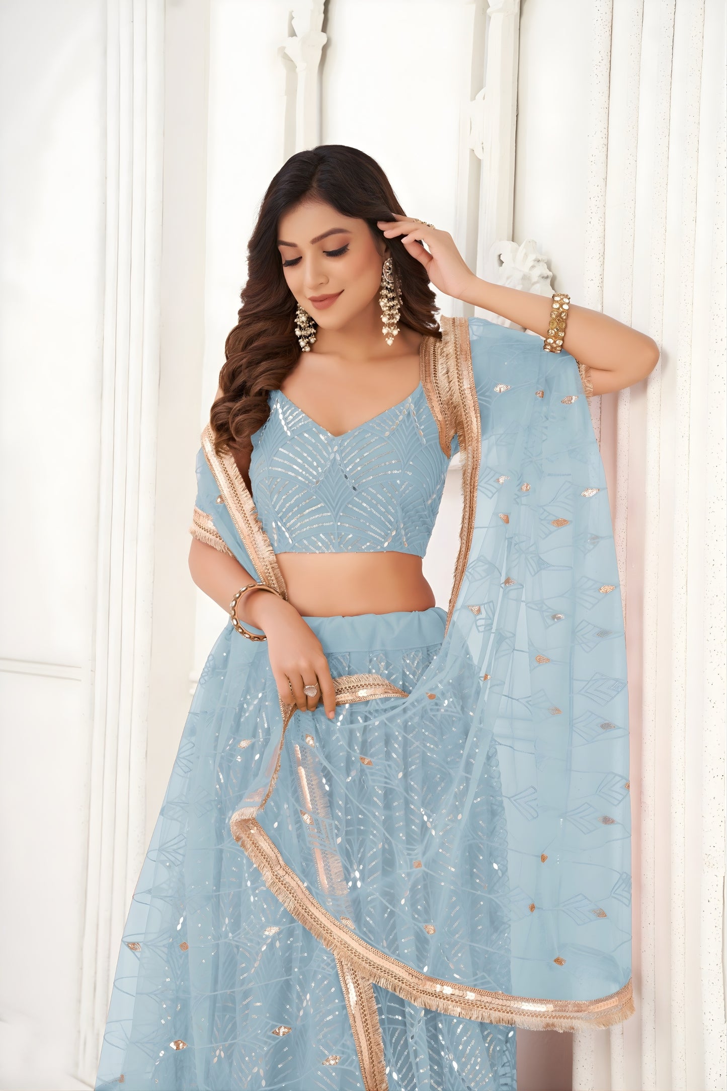 Stylish Sky Blue Butterfly Net Embroidered Lehenga Choli with Dupatta for Wedding