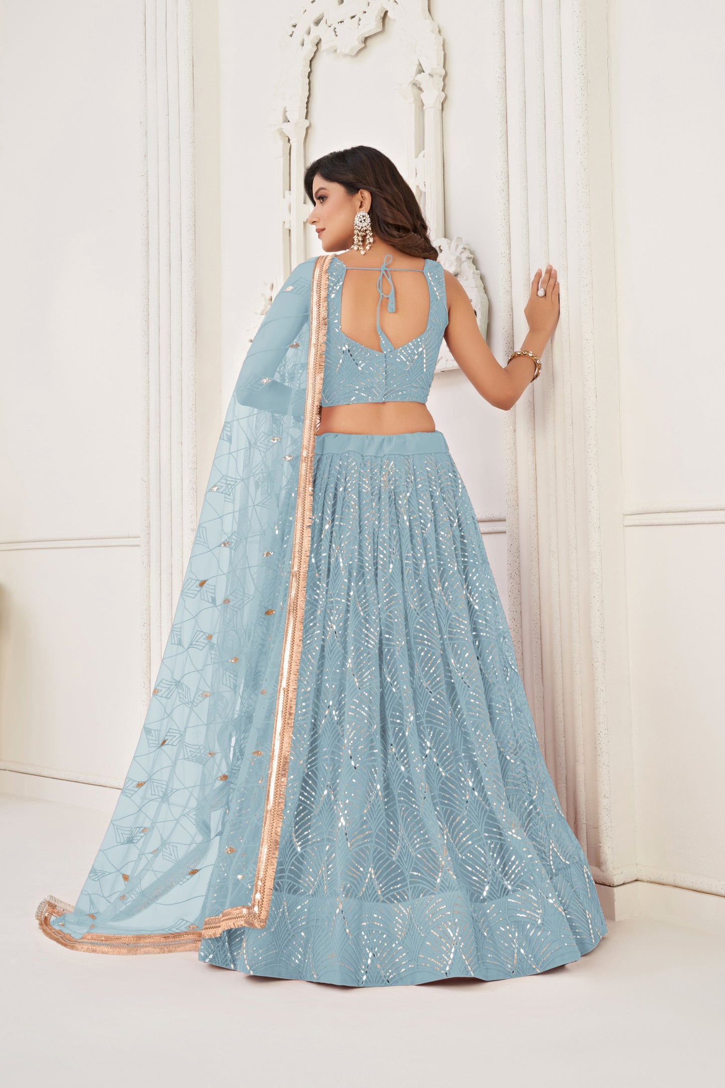 Stylish Sky Blue Butterfly Net Embroidered Lehenga Choli with Dupatta for Wedding