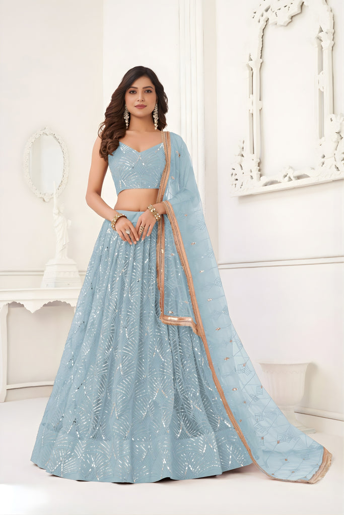 Stylish Sky Blue Butterfly Net Embroidered Lehenga Choli with Dupatta for Wedding