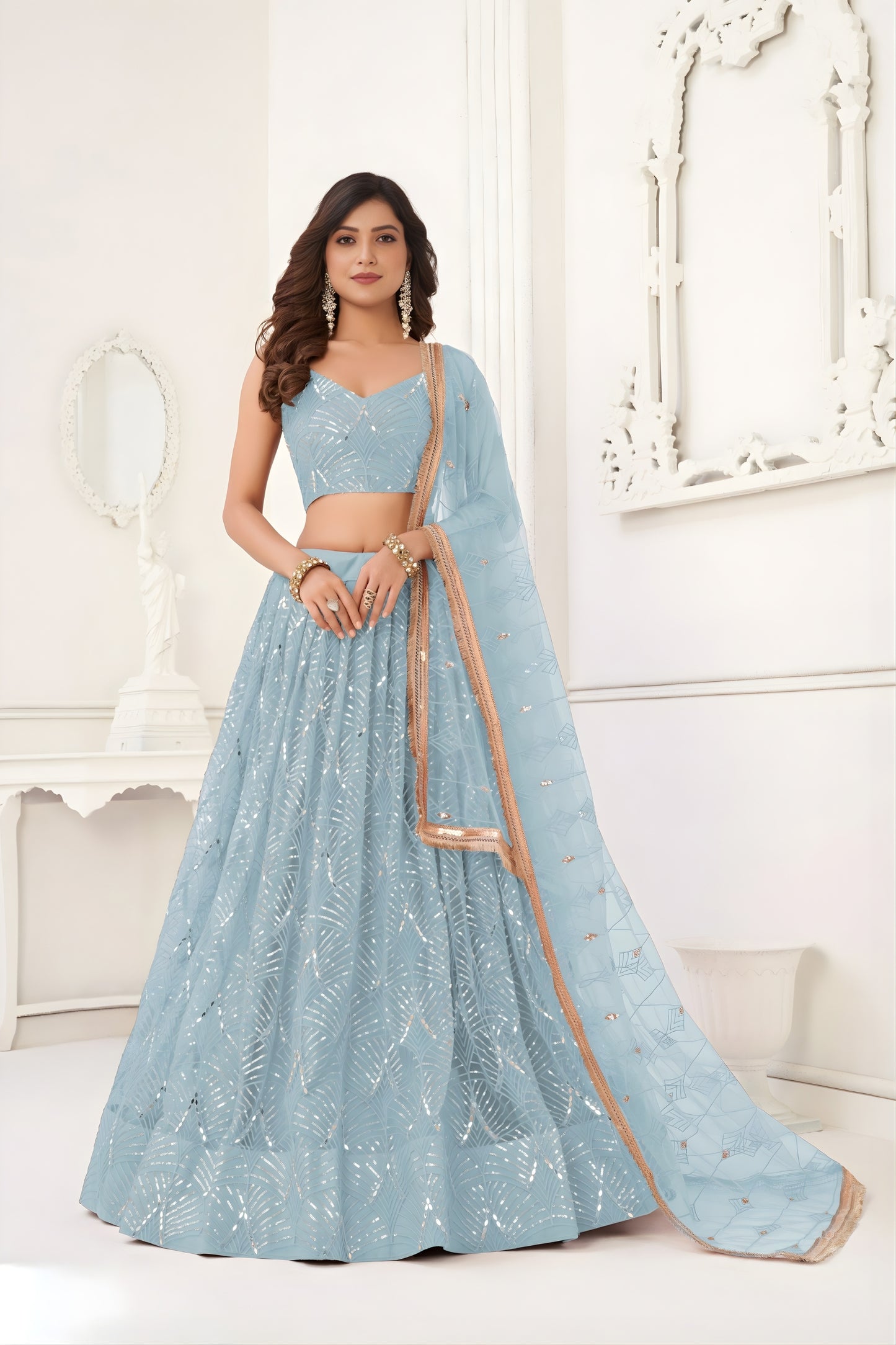 Stylish Sky Blue Butterfly Net Embroidered Lehenga Choli with Dupatta for Wedding