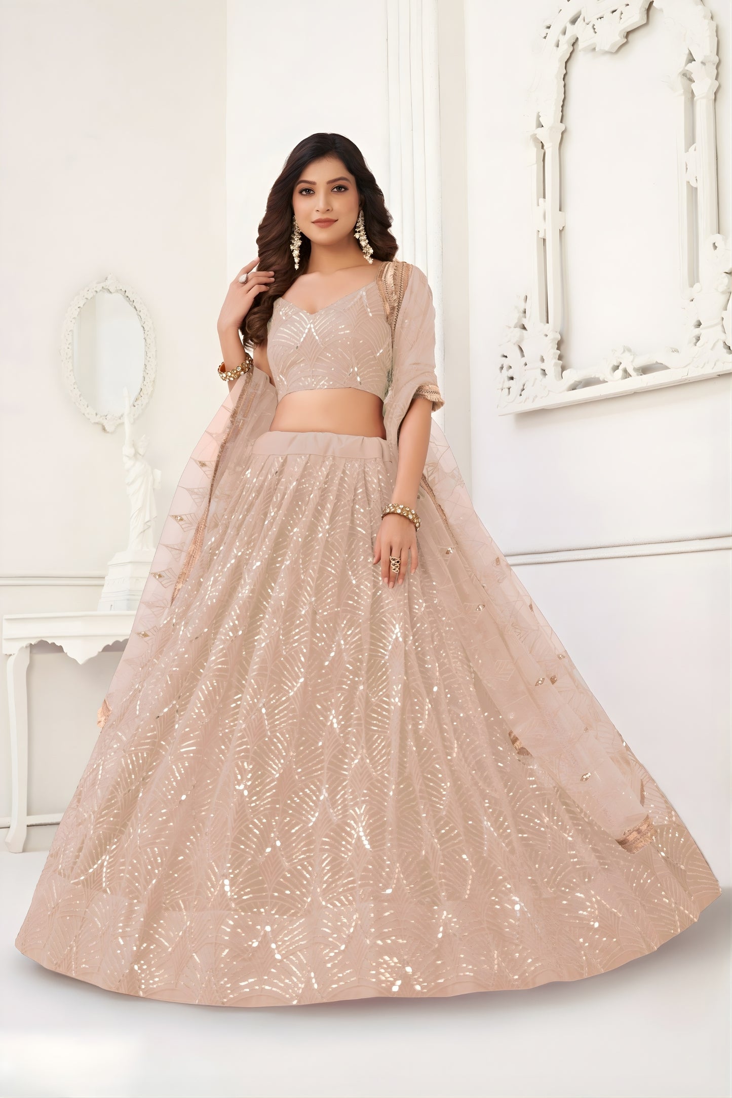 Elegant Peach Butterfly Net Embroidered Lehenga Choli with Dupatta for Wedding
