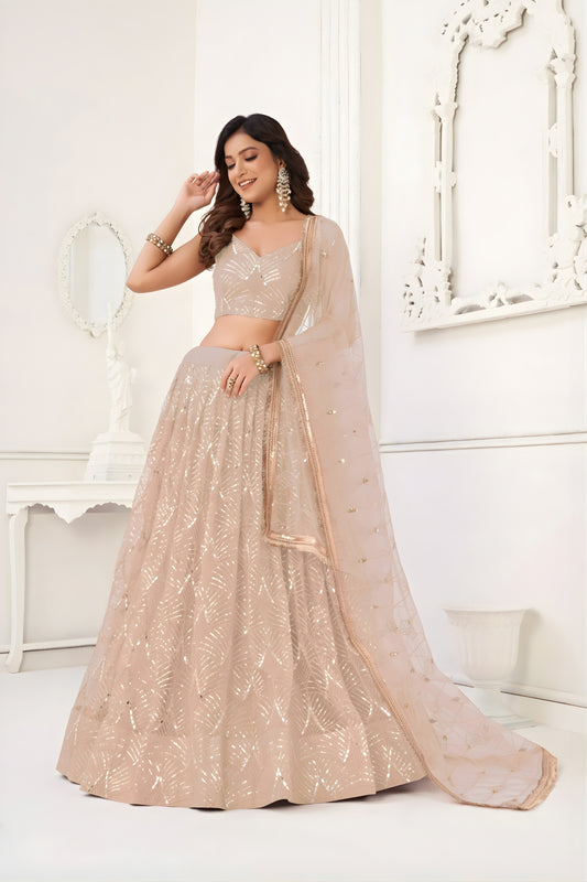 Elegant Peach Butterfly Net Embroidered Lehenga Choli with Dupatta for Wedding