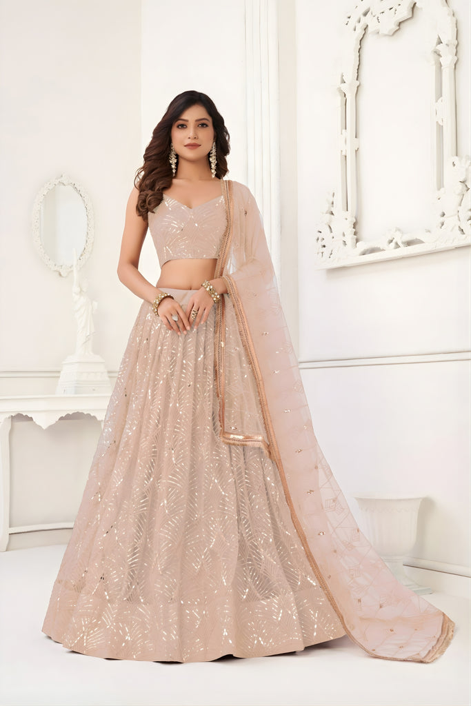 Elegant Peach Butterfly Net Embroidered Lehenga Choli with Dupatta for Wedding