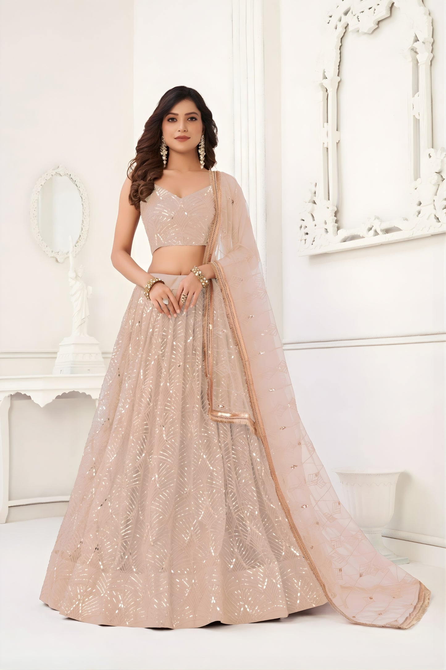 Elegant Peach Butterfly Net Embroidered Lehenga Choli with Dupatta for Wedding