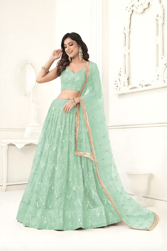 Beautiful Mint Green Butterfly Net Embroidered Lehenga Choli with Dupatta for Wedding