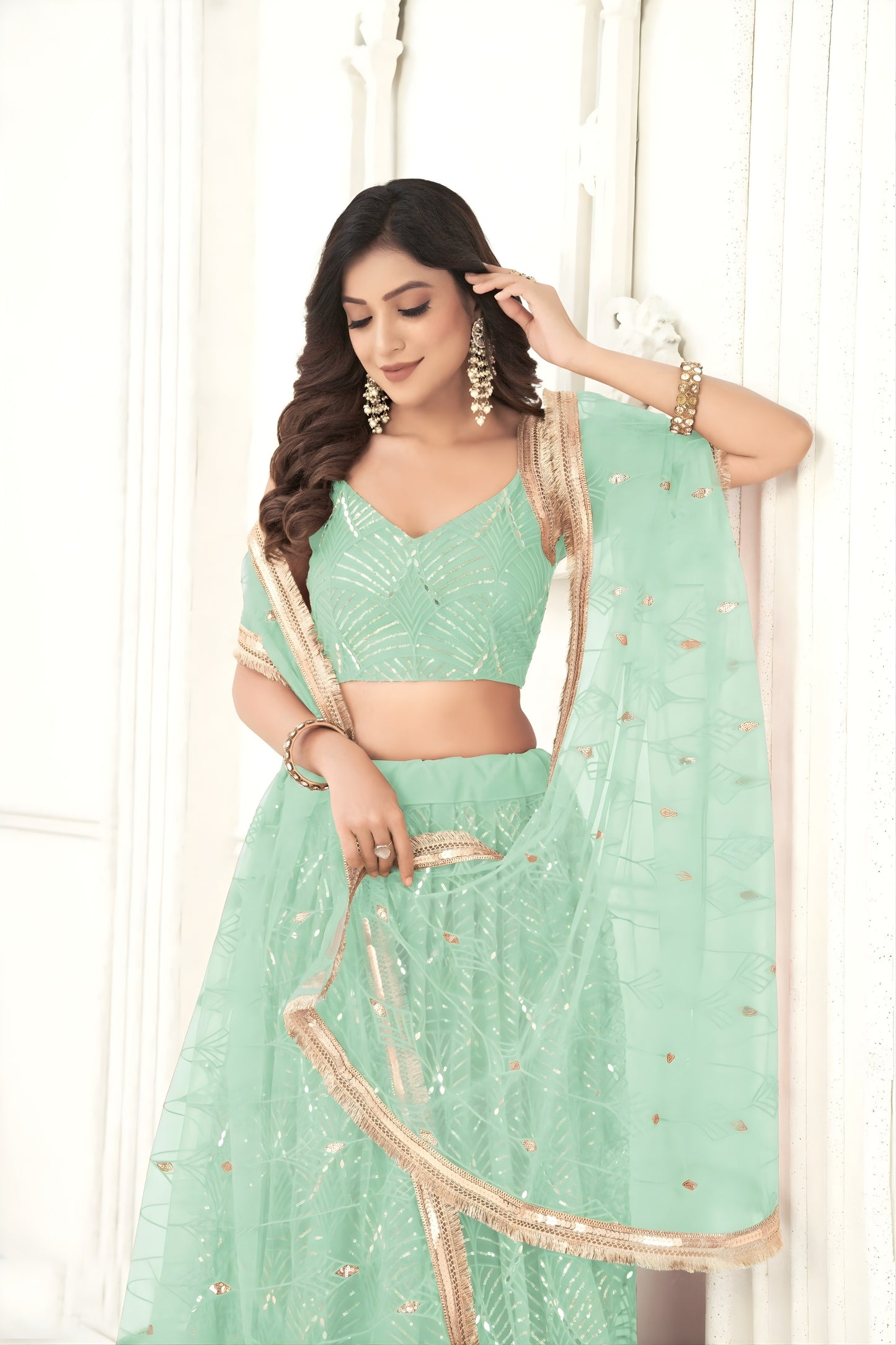 Beautiful Mint Green Butterfly Net Embroidered Lehenga Choli with Dupatta for Wedding