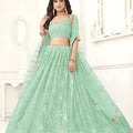 Beautiful Mint Green Butterfly Net Embroidered Lehenga Choli with Dupatta for Wedding