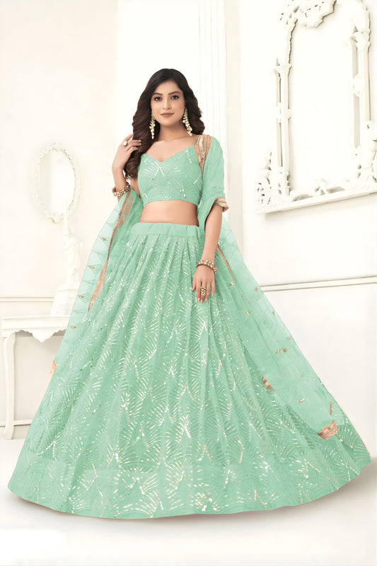 Beautiful Mint Green Butterfly Net Embroidered Lehenga Choli with Dupatta for Wedding