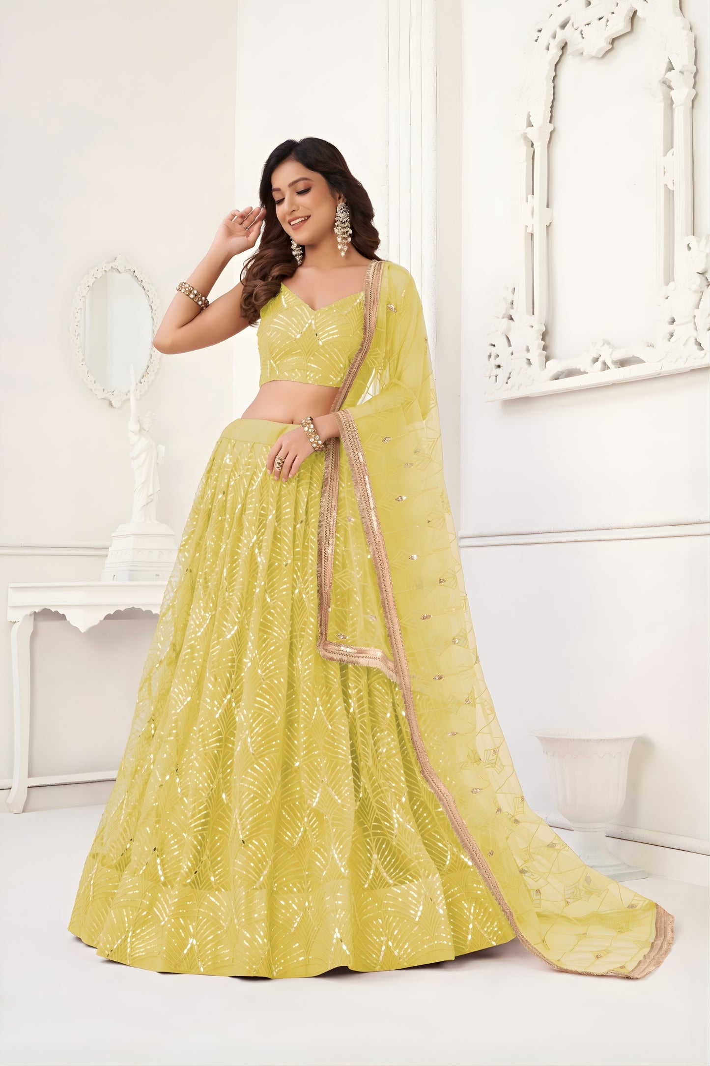 Stunning Yellow Butterfly Net Embroidered Lehenga Choli with Dupatta for Wedding