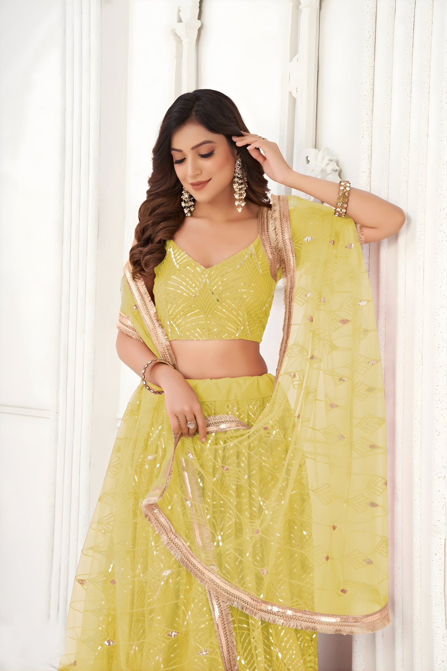 Stunning Yellow Butterfly Net Embroidered Lehenga Choli with Dupatta for Wedding