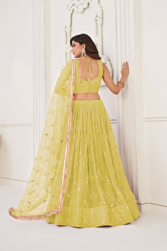 Stunning Yellow Butterfly Net Embroidered Lehenga Choli with Dupatta for Wedding