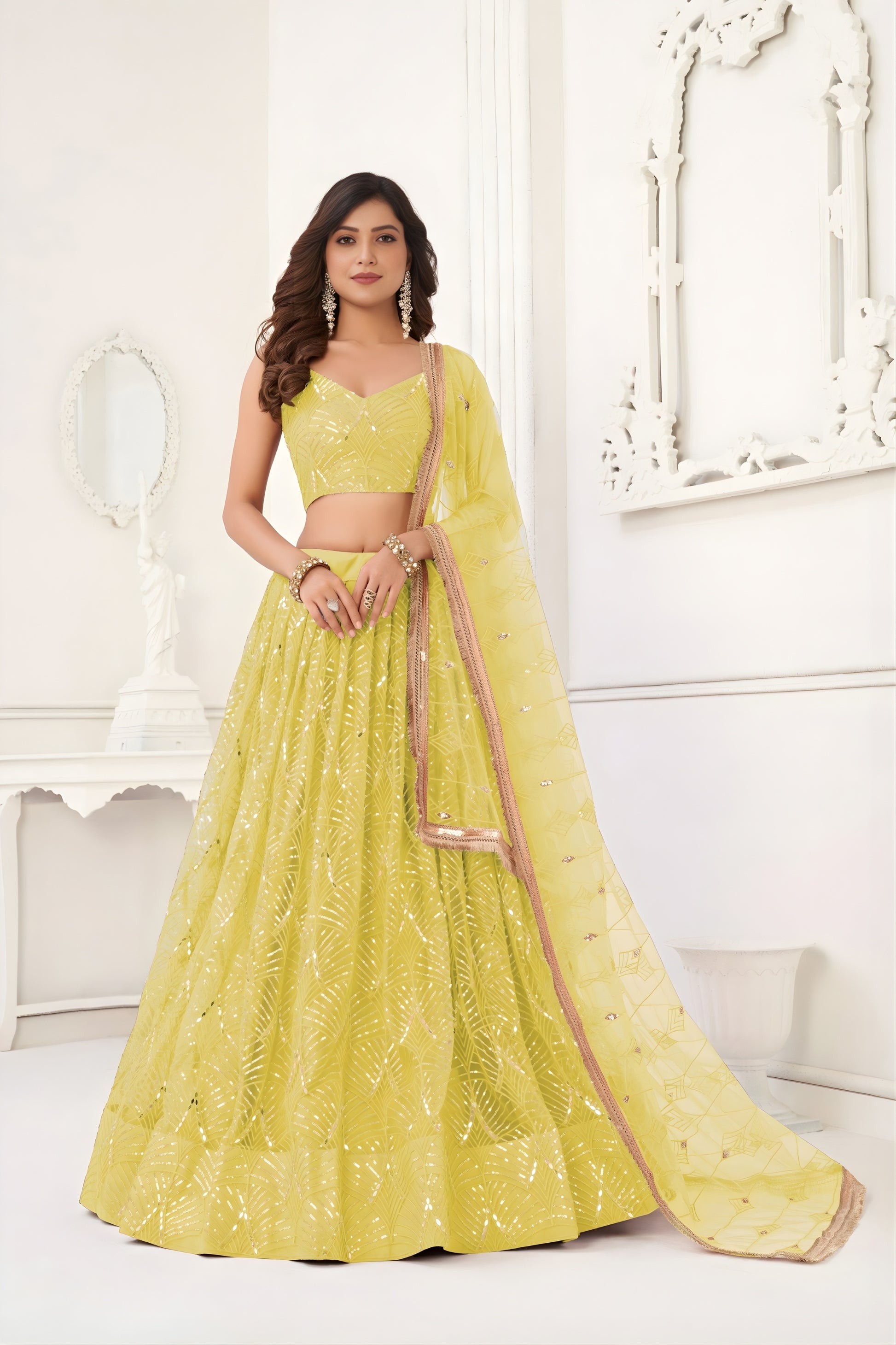 Stunning Yellow Butterfly Net Embroidered Lehenga Choli with Dupatta for Wedding