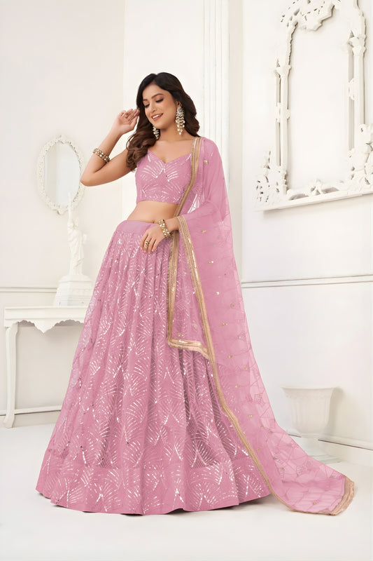 Lovely Pink Butterfly Net Embroidered Lehenga Choli with Dupatta for Wedding