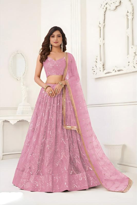 Lovely Pink Butterfly Net Embroidered Lehenga Choli with Dupatta for Wedding