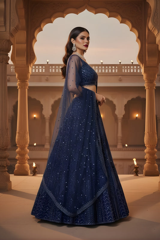 Royal Navy Blue Georgette Embroidered Lehenga Choli with Dupatta for Wedding