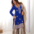 Royal Blue Chinon Silk Embroidered Party Wear Sharara Suit with Dupatta