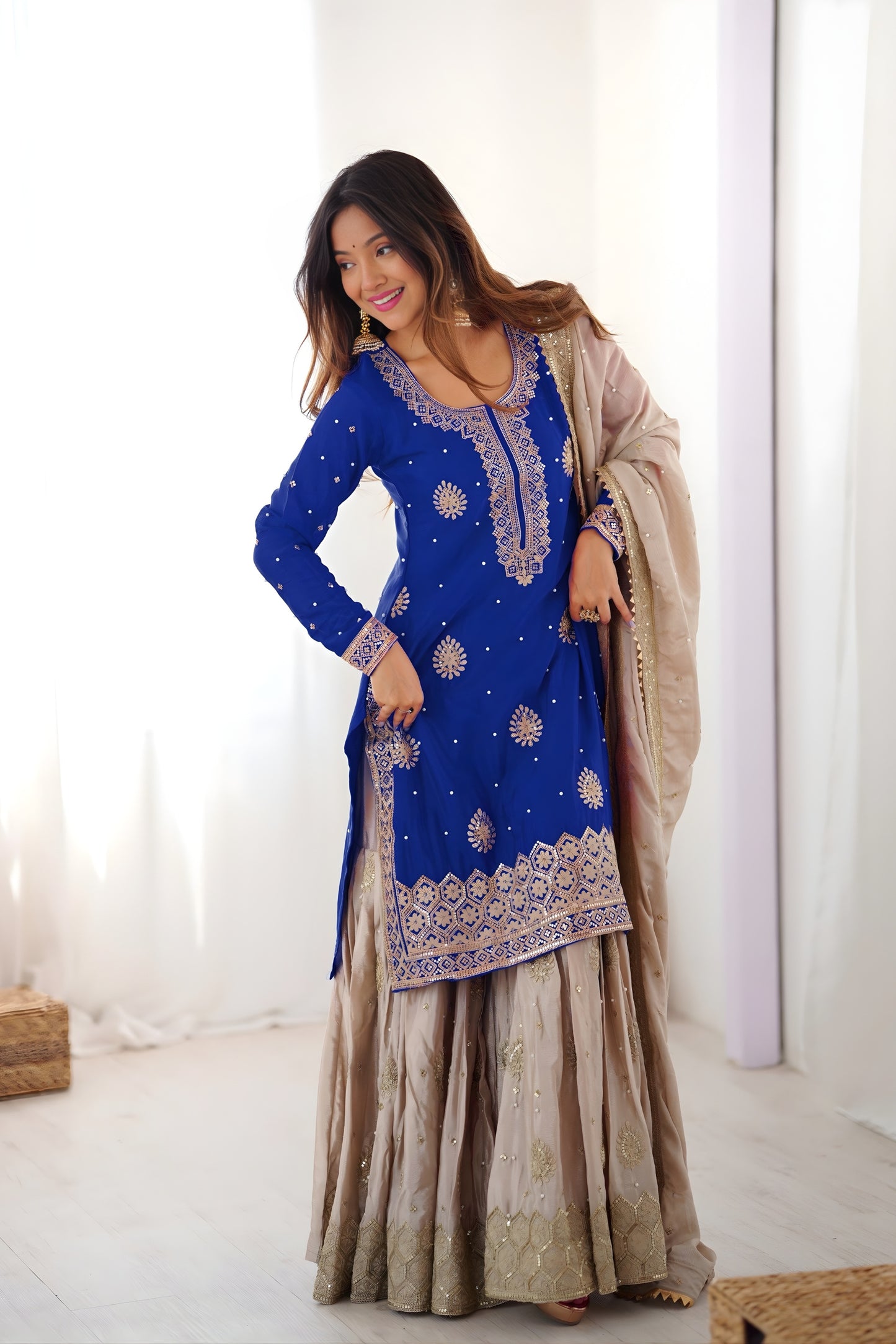 Royal Blue Chinon Silk Embroidered Party Wear Sharara Suit with Dupatta