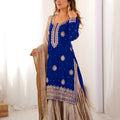 Royal Blue Chinon Silk Embroidered Party Wear Sharara Suit with Dupatta