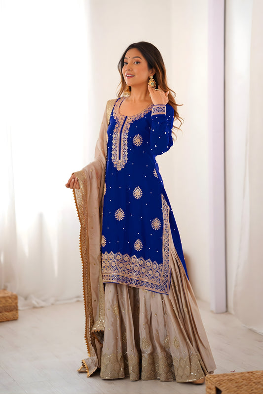 Royal Blue Chinon Silk Embroidered Party Wear Sharara Suit with Dupatta