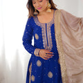 Royal Blue Chinon Silk Embroidered Party Wear Sharara Suit with Dupatta