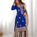 Royal Blue Chinon Silk Embroidered Party Wear Sharara Suit with Dupatta