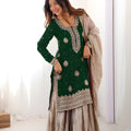 Trendy Dark Green Chinon Silk Embroidered Party Wear Sharara Suit with Dupatta