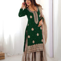 Trendy Dark Green Chinon Silk Embroidered Party Wear Sharara Suit with Dupatta