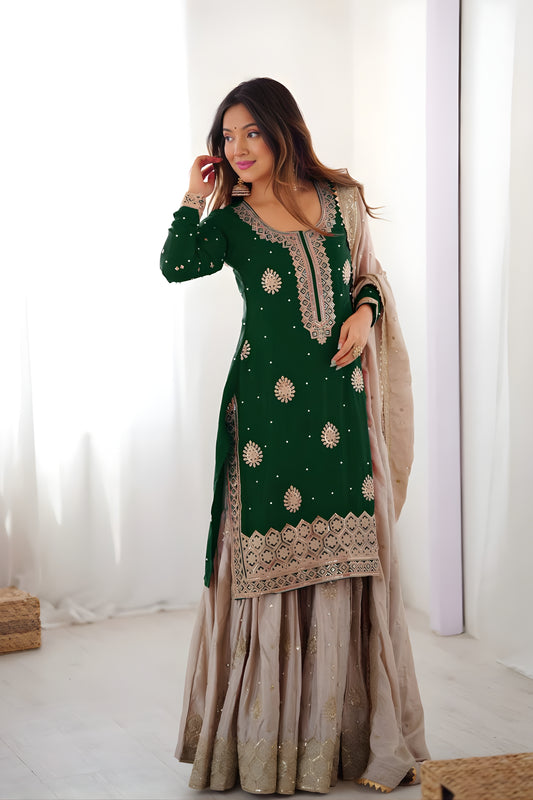 Trendy Dark Green Chinon Silk Embroidered Party Wear Sharara Suit with Dupatta